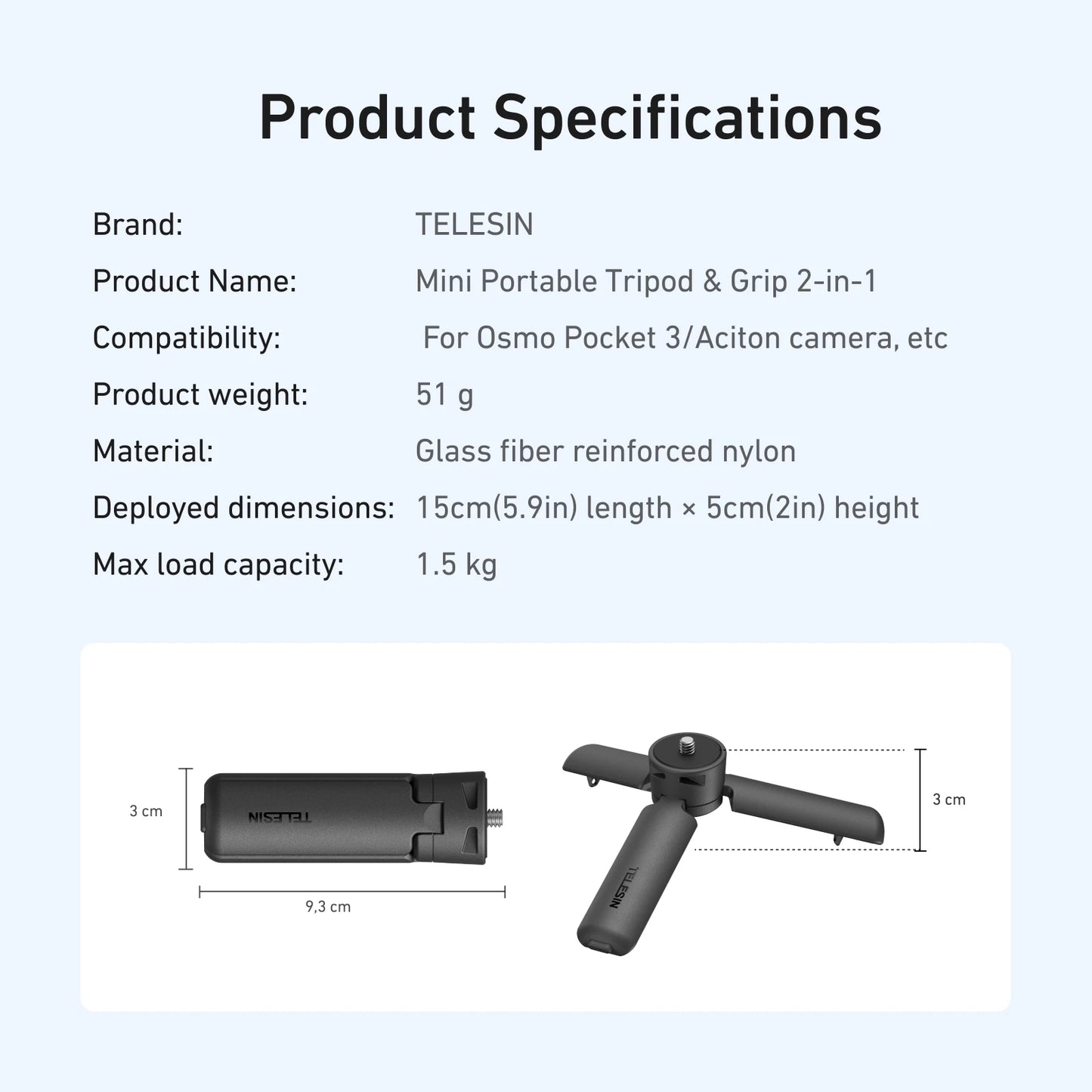 TELESIN Mini Quick Release Universal Tripod Hand grip for GoPro Insta360 DJI Osmo Action Camera With 1/4 Screw Adatper