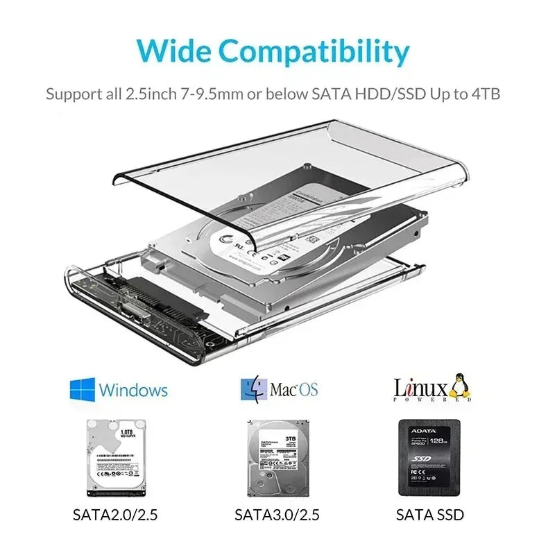 2.5 inch Hard Drive Enclosure USB 3.0/Type C to SATA III Clear External Hard Drive Case for 2.5 inch SATA SSD HDD Support UASP