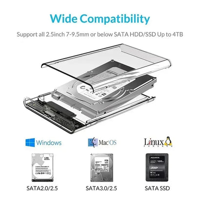 2.5 inch Hard Drive Enclosure USB 3.0/Type C to SATA III Clear External Hard Drive Case for 2.5 inch SATA SSD HDD Support UASP