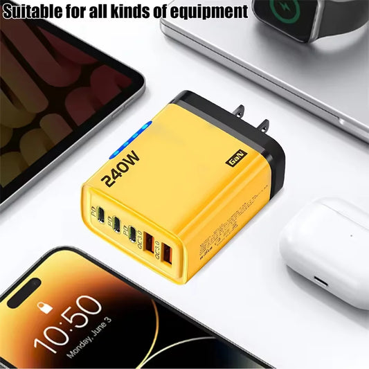 5 in 1 GaN USB C Desktop Charger 240W Fast Charge Phone Adapter braid Type C Cable For iPhone Samsung Xiaomi EU/US Plug Charger