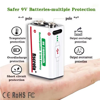 Type-C Rechargeable 9V Lithium ion  Battery 21800mWh High Capacity for Guitar Microphone Smoke Detector Pedal with Cable