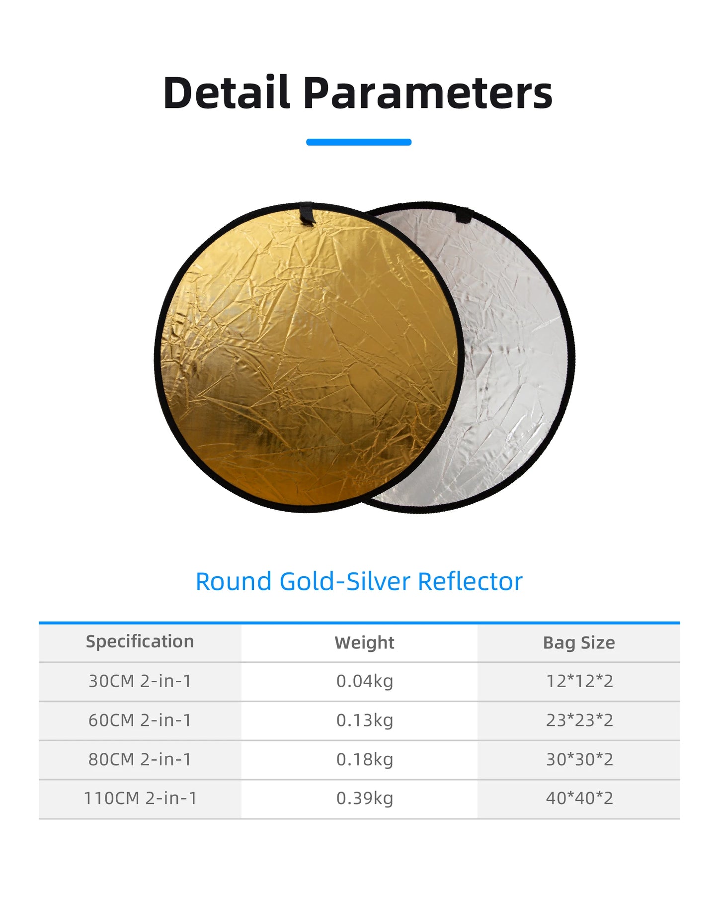 RF01 24" Reflector 5in1 30CM 60CM 80CM 110CM Silver White Gold Portable Collapsible Soft Light Round Photography for Studio 2in1
