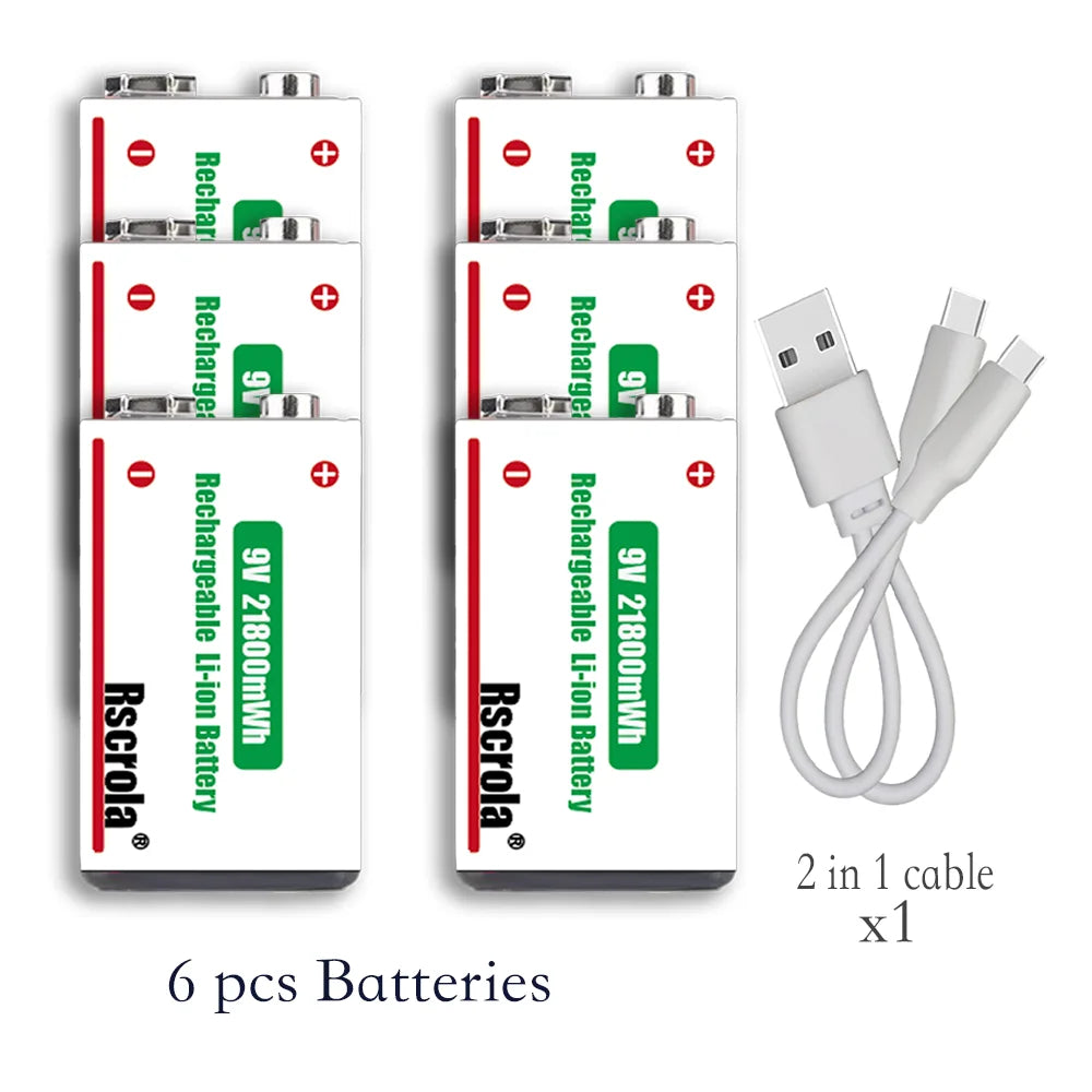 Type-C Rechargeable 9V Lithium ion  Battery 21800mWh High Capacity for Guitar Microphone Smoke Detector Pedal with Cable