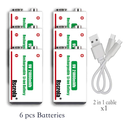 Type-C Rechargeable 9V Lithium ion  Battery 21800mWh High Capacity for Guitar Microphone Smoke Detector Pedal with Cable