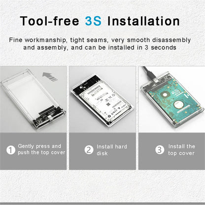 2.5 inch Hard Drive Enclosure USB 3.0/Type C to SATA III Clear External Hard Drive Case for 2.5 inch SATA SSD HDD Support UASP