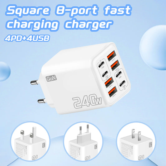 8 in 1 GaN Desktop USB Phone Charger 240W PD Fast Charger 4PD 4USB For iPhone 16 15 Pro Samsung Xiaomi EU US Plug Power Adapter