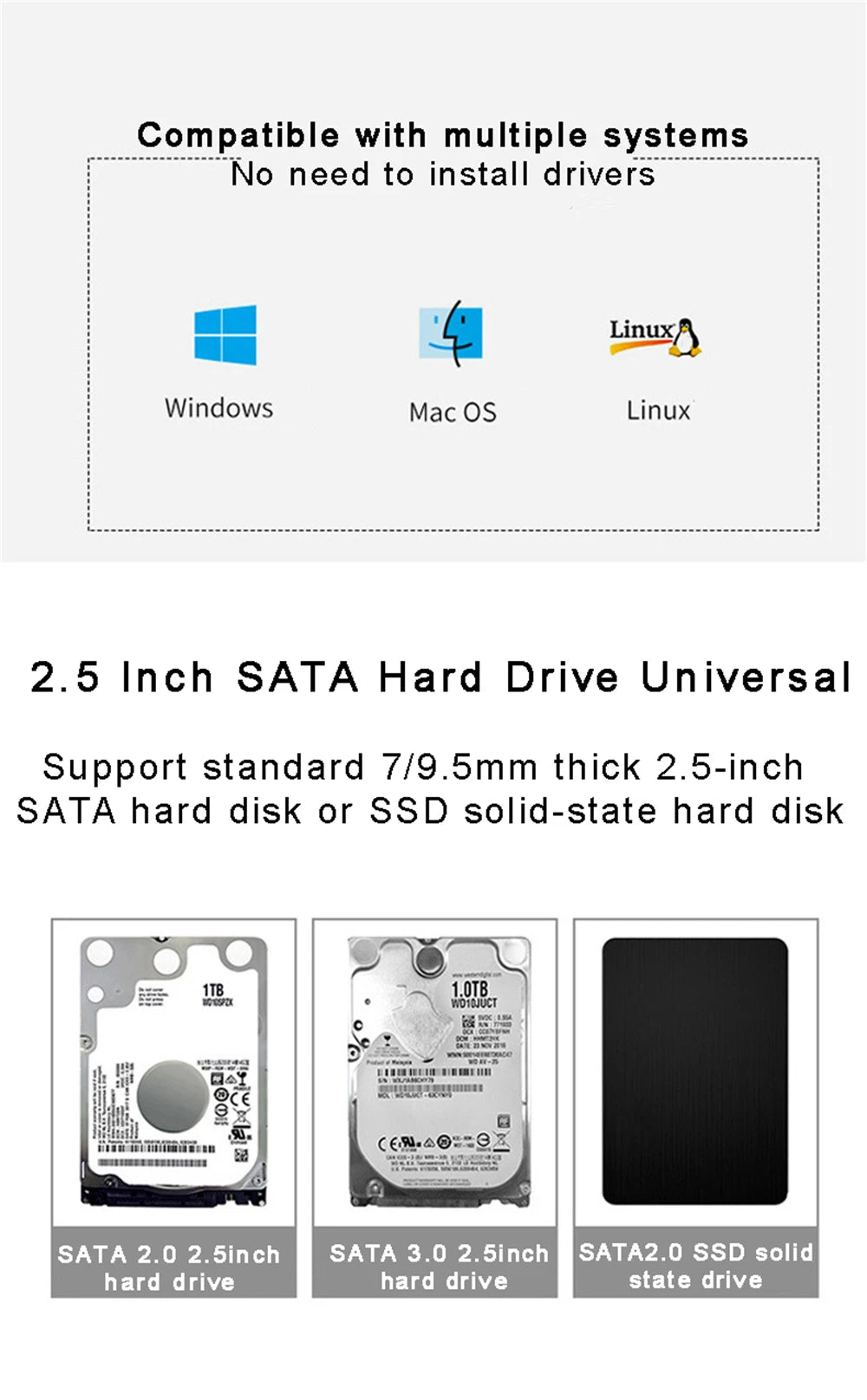 2.5 inch Hard Drive Enclosure USB 3.0/Type C to SATA III Clear External Hard Drive Case for 2.5 inch SATA SSD HDD Support UASP
