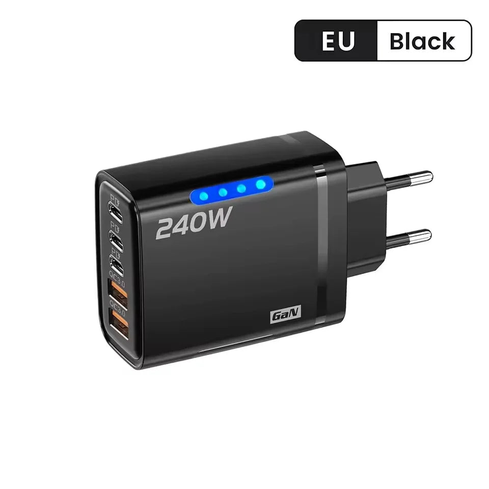 5 in 1 GaN USB C Desktop Charger 240W Fast Charge Phone Adapter braid Type C Cable For iPhone Samsung Xiaomi EU/US Plug Charger