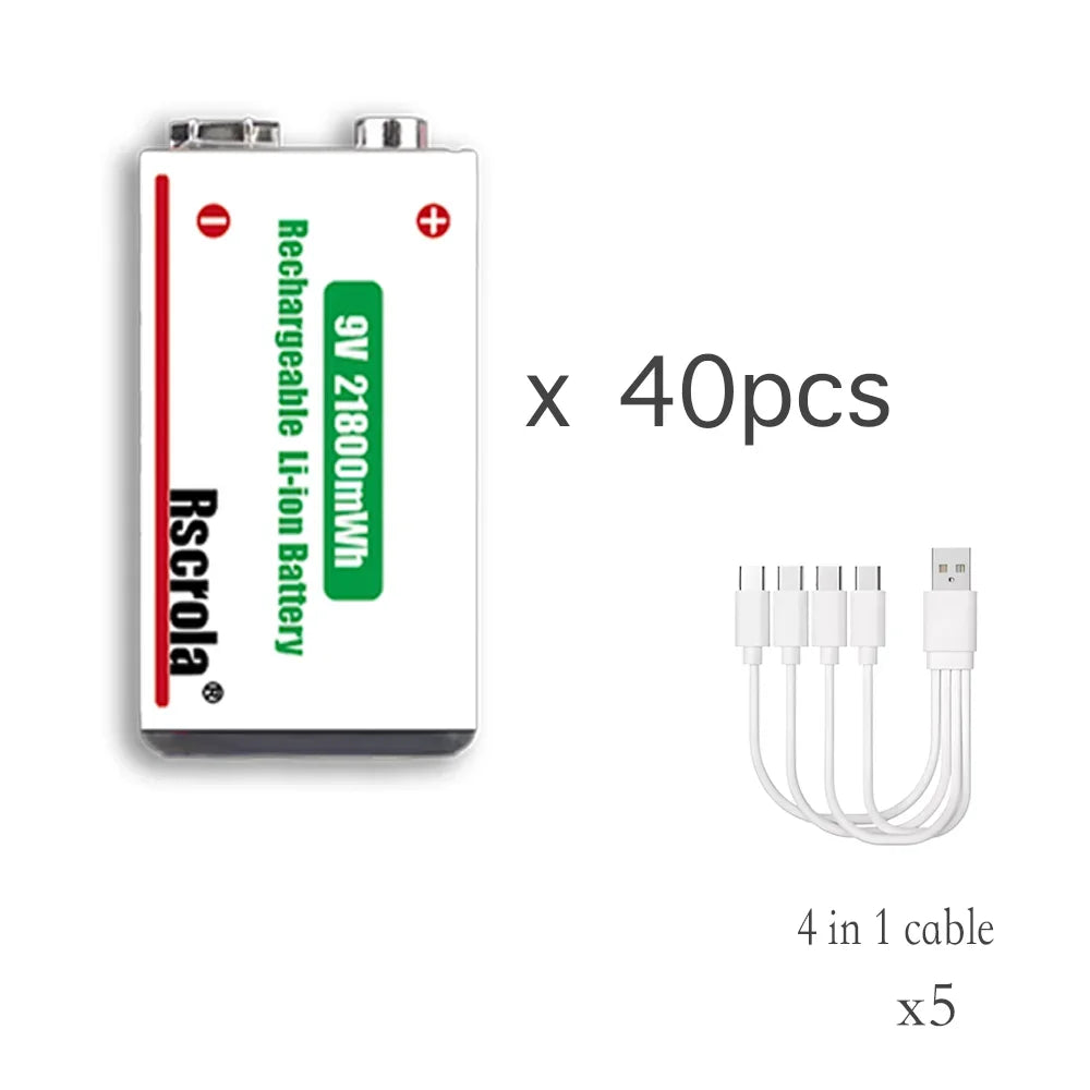 Type-C Rechargeable 9V Lithium ion  Battery 21800mWh High Capacity for Guitar Microphone Smoke Detector Pedal with Cable