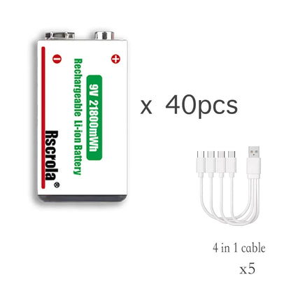 Type-C Rechargeable 9V Lithium ion  Battery 21800mWh High Capacity for Guitar Microphone Smoke Detector Pedal with Cable