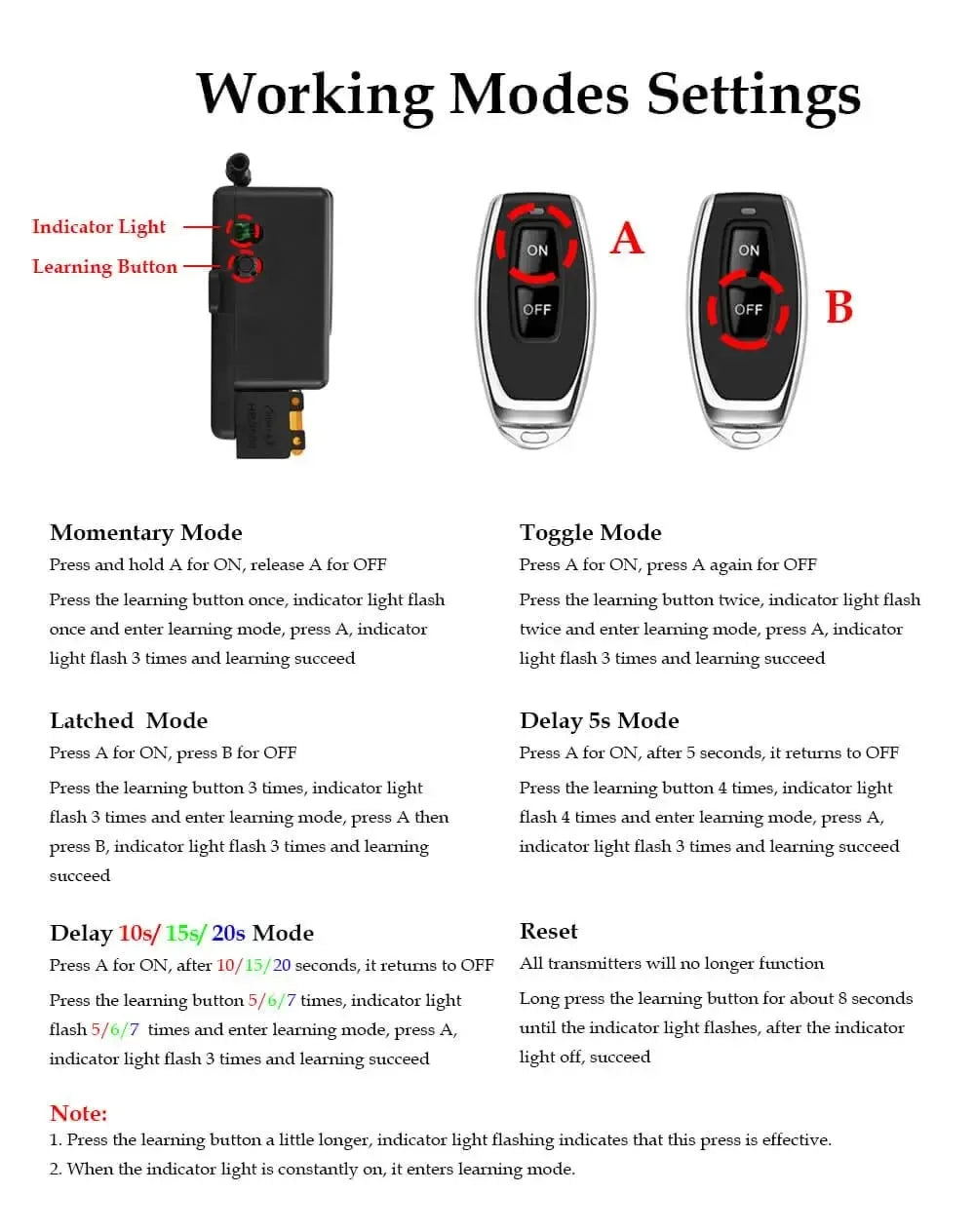 433Mhz Wireless Remote Control Switch AC 110V 220V 10A Relay 1CH Receiver Controller and 2 botton RF433 Mhz Transmitter