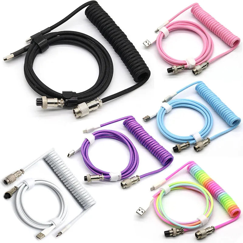 USB Type C Mechanical Keyboard Coiled Cable Hardware Linker Usb GX16 Aviation Mechanical Cable Spiral Gaming Usb Keyboard Cable