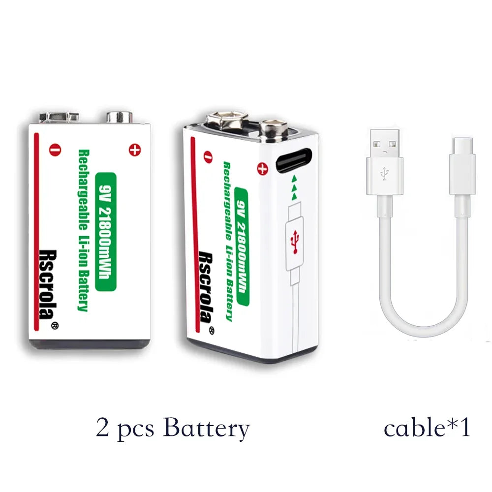 Type-C Rechargeable 9V Lithium ion  Battery 21800mWh High Capacity for Guitar Microphone Smoke Detector Pedal with Cable