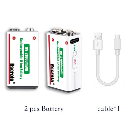 Type-C Rechargeable 9V Lithium ion  Battery 21800mWh High Capacity for Guitar Microphone Smoke Detector Pedal with Cable