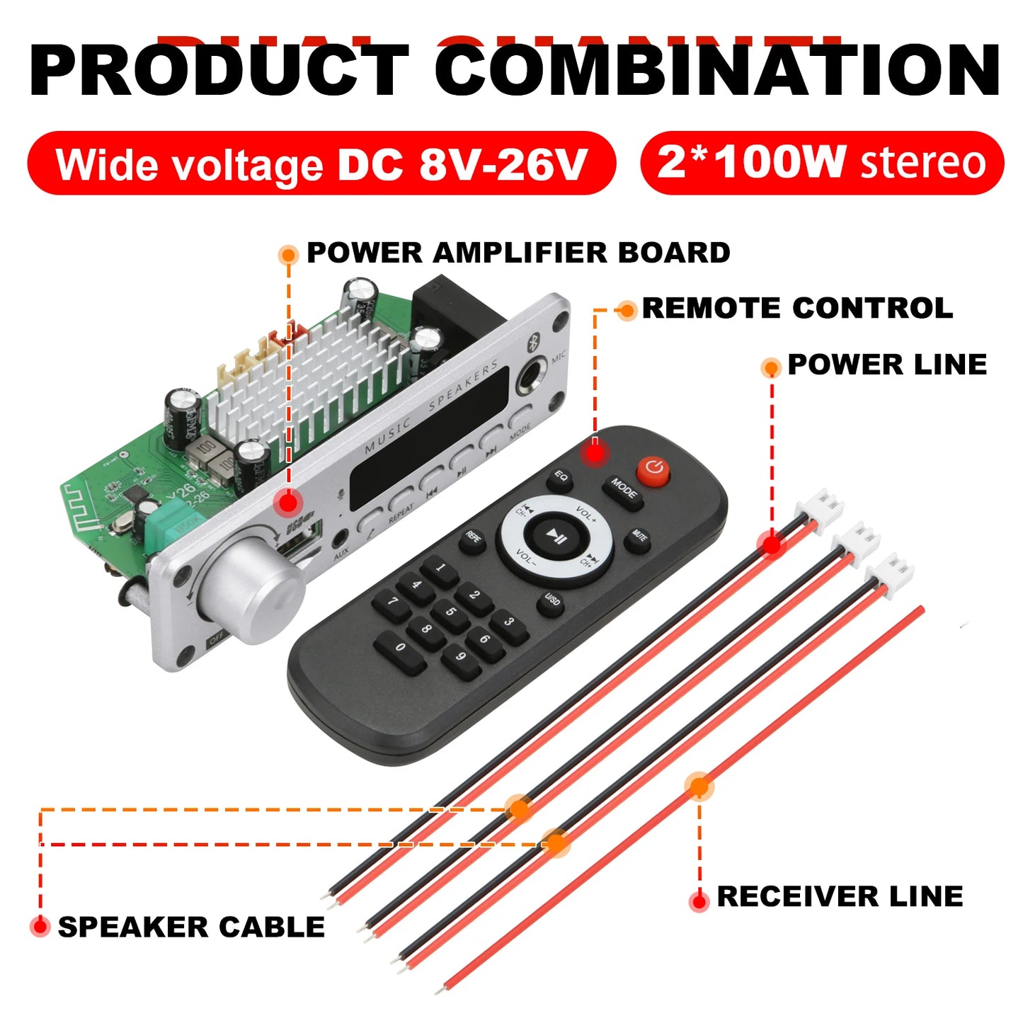 NEW 200W  Amplifier Bluetooth DIY MP3 WAV Decoder Board DC 12V 100W  Wireless Car USB MP3 Player TF Card Slot USB FM with Mic