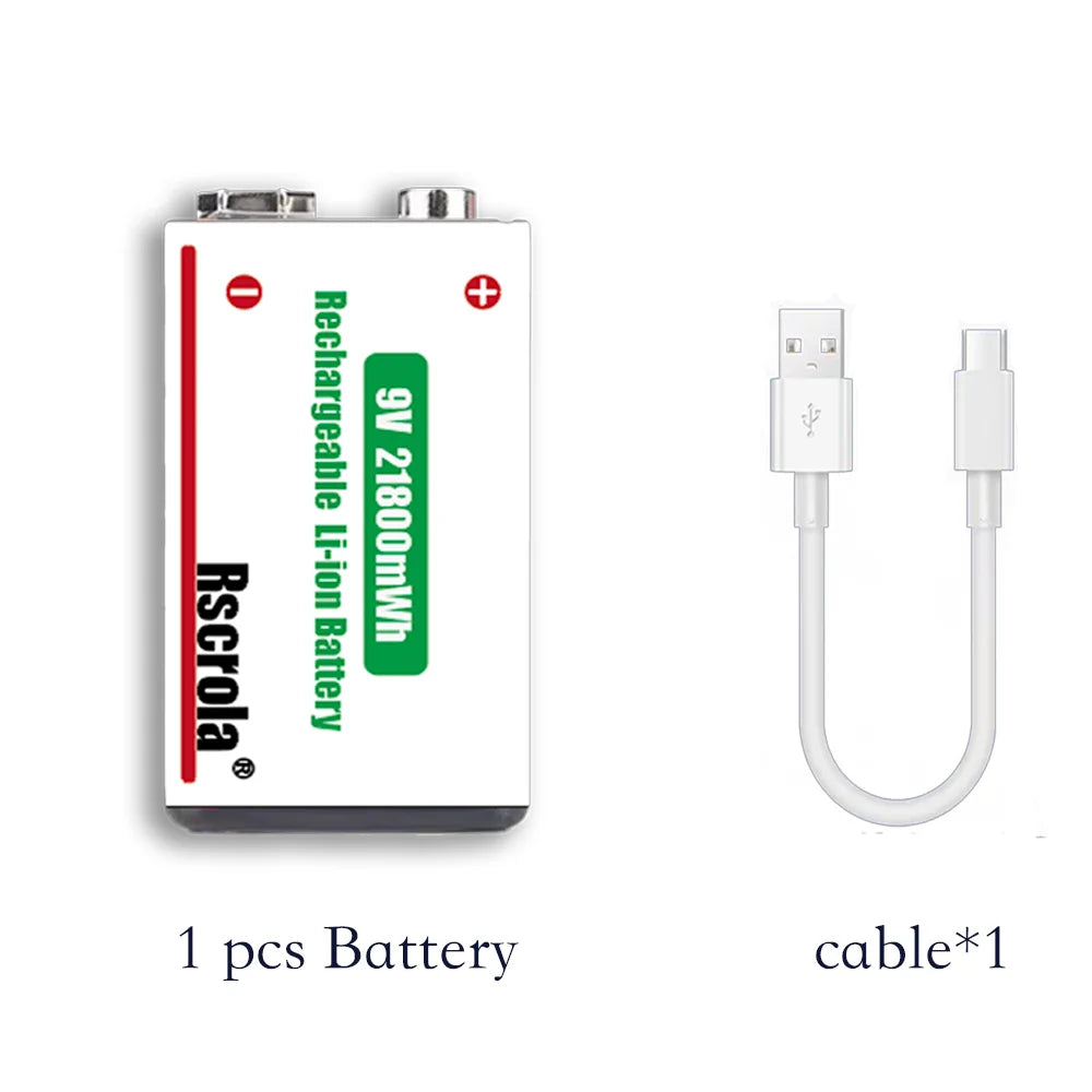 Type-C Rechargeable 9V Lithium ion  Battery 21800mWh High Capacity for Guitar Microphone Smoke Detector Pedal with Cable