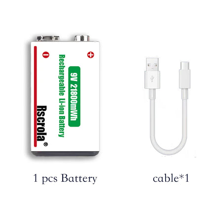 Type-C Rechargeable 9V Lithium ion  Battery 21800mWh High Capacity for Guitar Microphone Smoke Detector Pedal with Cable