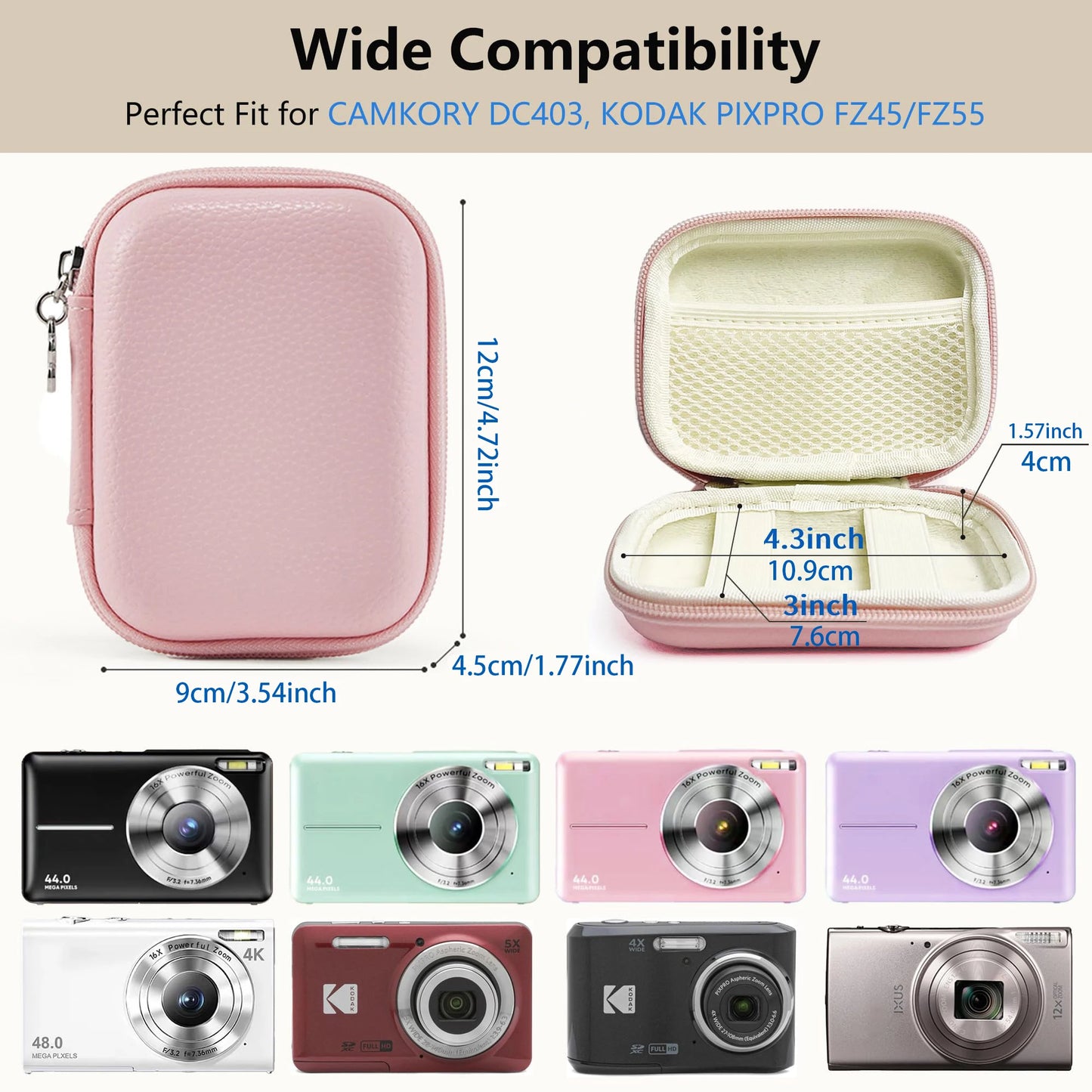 Digital Camera Case for CAMKORY, Small Travel Compact Camera Holder with Mesh Pocket for Accessories SD Card (Pink)