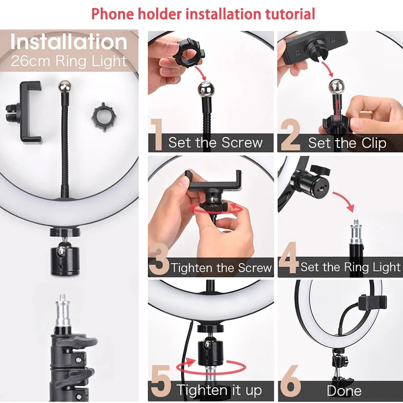 10 inch LED Selfie Ring Light Dimmable Photography Fill Lamp with Mini tripod for Mobile Phone Live Video Photo Studio Ringlight