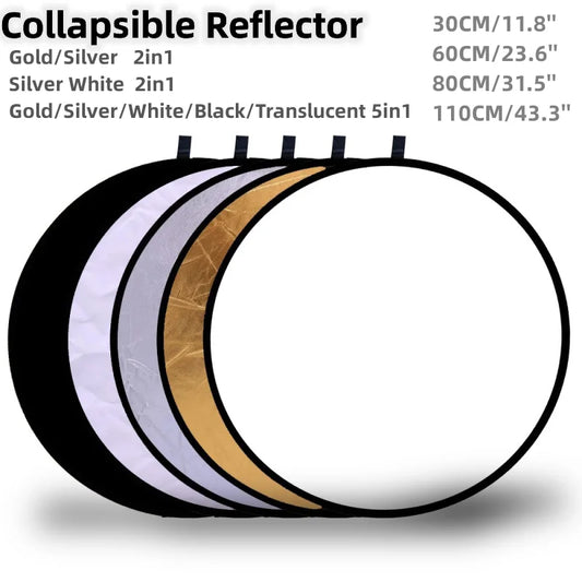 RF01 24" Reflector 5in1 30CM 60CM 80CM 110CM Silver White Gold Portable Collapsible Soft Light Round Photography for Studio 2in1