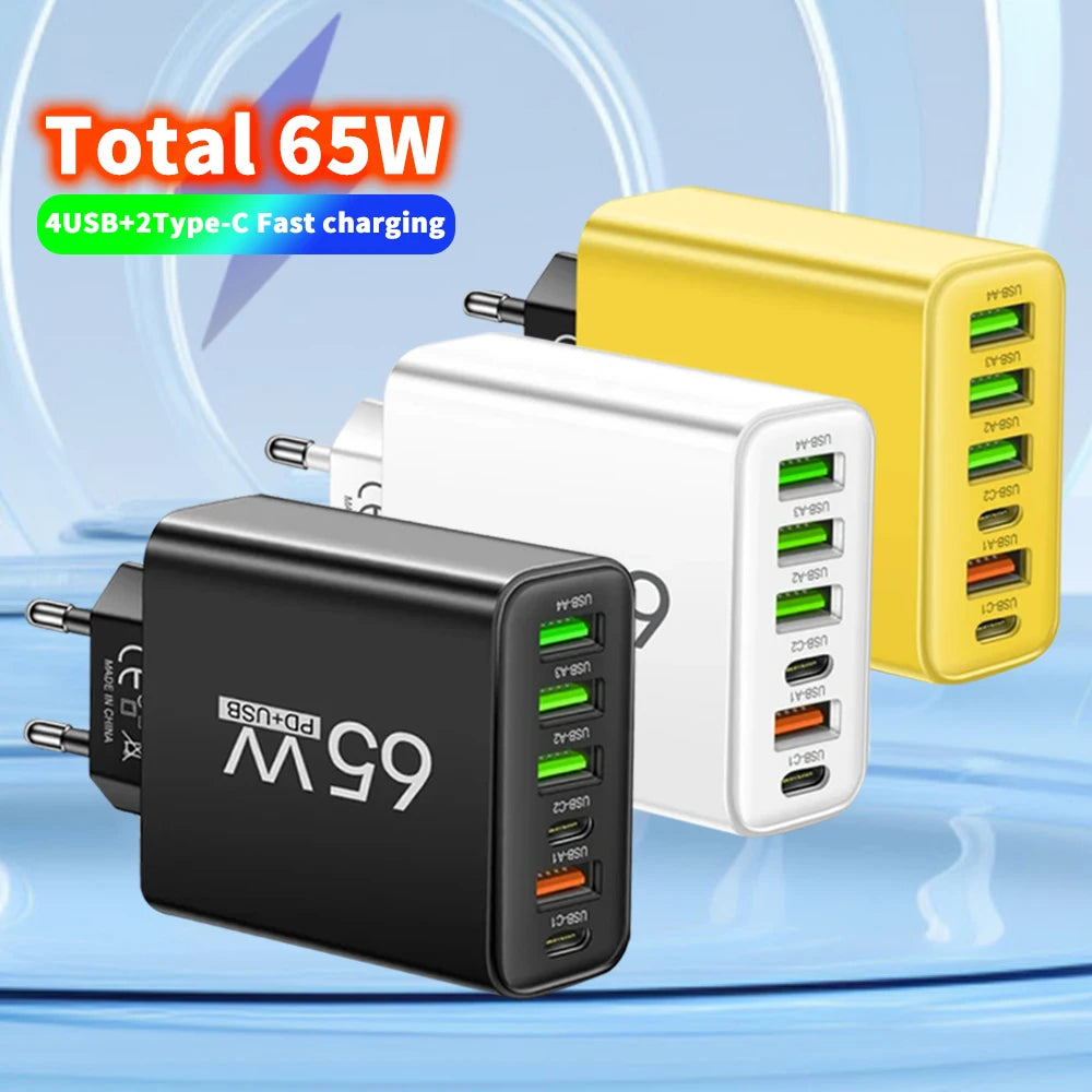 Multi Ports 65W USB Charger Fast Charging Type C Phone Charger Adapter For iPhone Samsung Xiaomi Huawei EU/US Plug Wall Charger