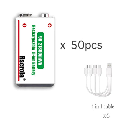Type-C Rechargeable 9V Lithium ion  Battery 21800mWh High Capacity for Guitar Microphone Smoke Detector Pedal with Cable