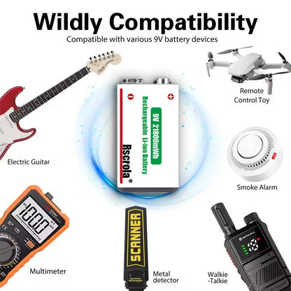 Type-C Rechargeable 9V Lithium ion  Battery 21800mWh High Capacity for Guitar Microphone Smoke Detector Pedal with Cable