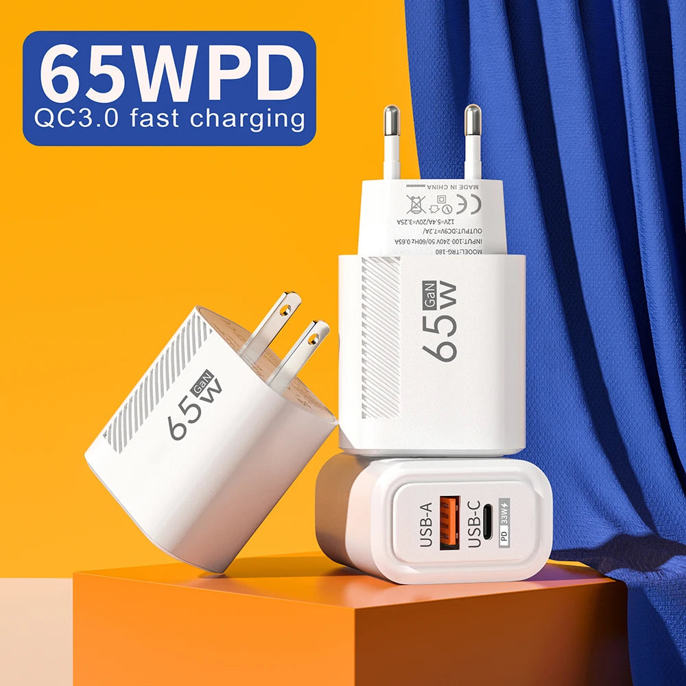 65W USB-C Charger GaN Fast Charging PD Type C Cable Mobile Phone Adapter For iPhone 16 Xiaomi Samsung Xiaomi QC 3.0 Wall Charger