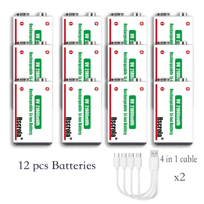 Type-C Rechargeable 9V Lithium ion  Battery 21800mWh High Capacity for Guitar Microphone Smoke Detector Pedal with Cable