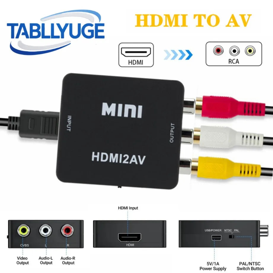 TABLLYUGE 1080P HDMI-compatible to AV RCA Converter Box HDMI2AV Adapter With USB Cable Support NTSC PAL For PC HDTV Projector