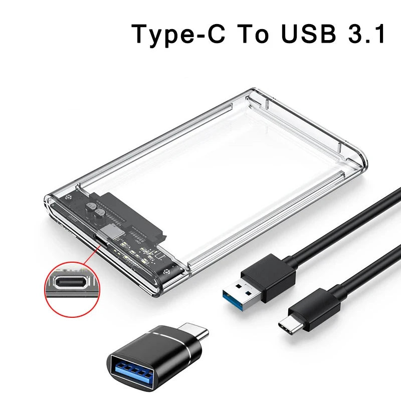 2.5 inch Hard Drive Enclosure USB 3.0/Type C to SATA III Clear External Hard Drive Case for 2.5 inch SATA SSD HDD Support UASP