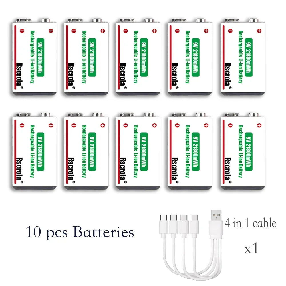 Type-C Rechargeable 9V Lithium ion  Battery 21800mWh High Capacity for Guitar Microphone Smoke Detector Pedal with Cable