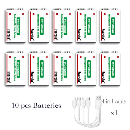 Type-C Rechargeable 9V Lithium ion  Battery 21800mWh High Capacity for Guitar Microphone Smoke Detector Pedal with Cable