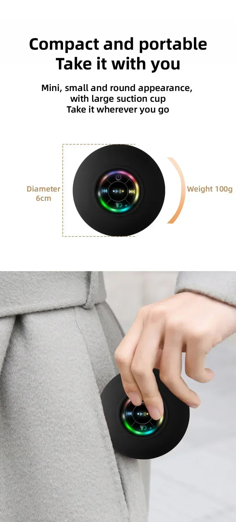 Mini Portable Bluetooth Audio IPX4 Waterproof Led Lights Bathroom Outdoor Large Suction Cup Can Be Adsorbed Wall Speaker