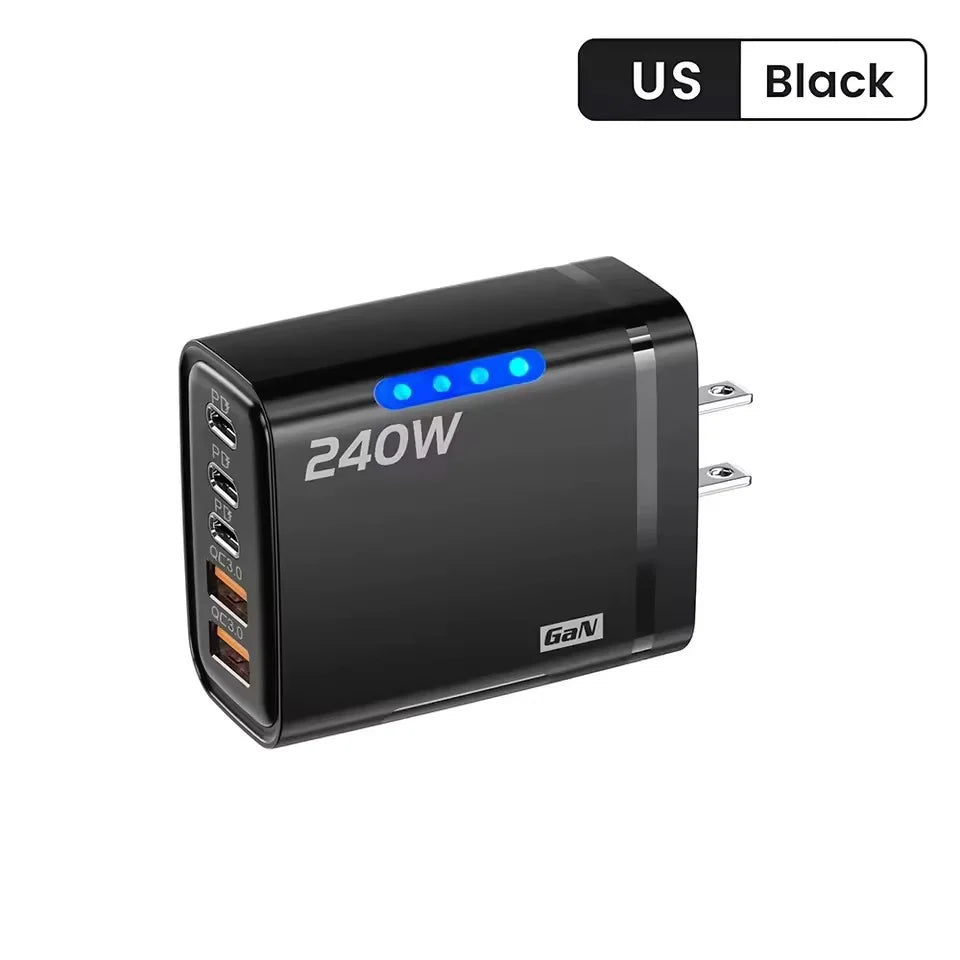5 in 1 GaN USB C Desktop Charger 240W Fast Charge Phone Adapter braid Type C Cable For iPhone Samsung Xiaomi EU/US Plug Charger