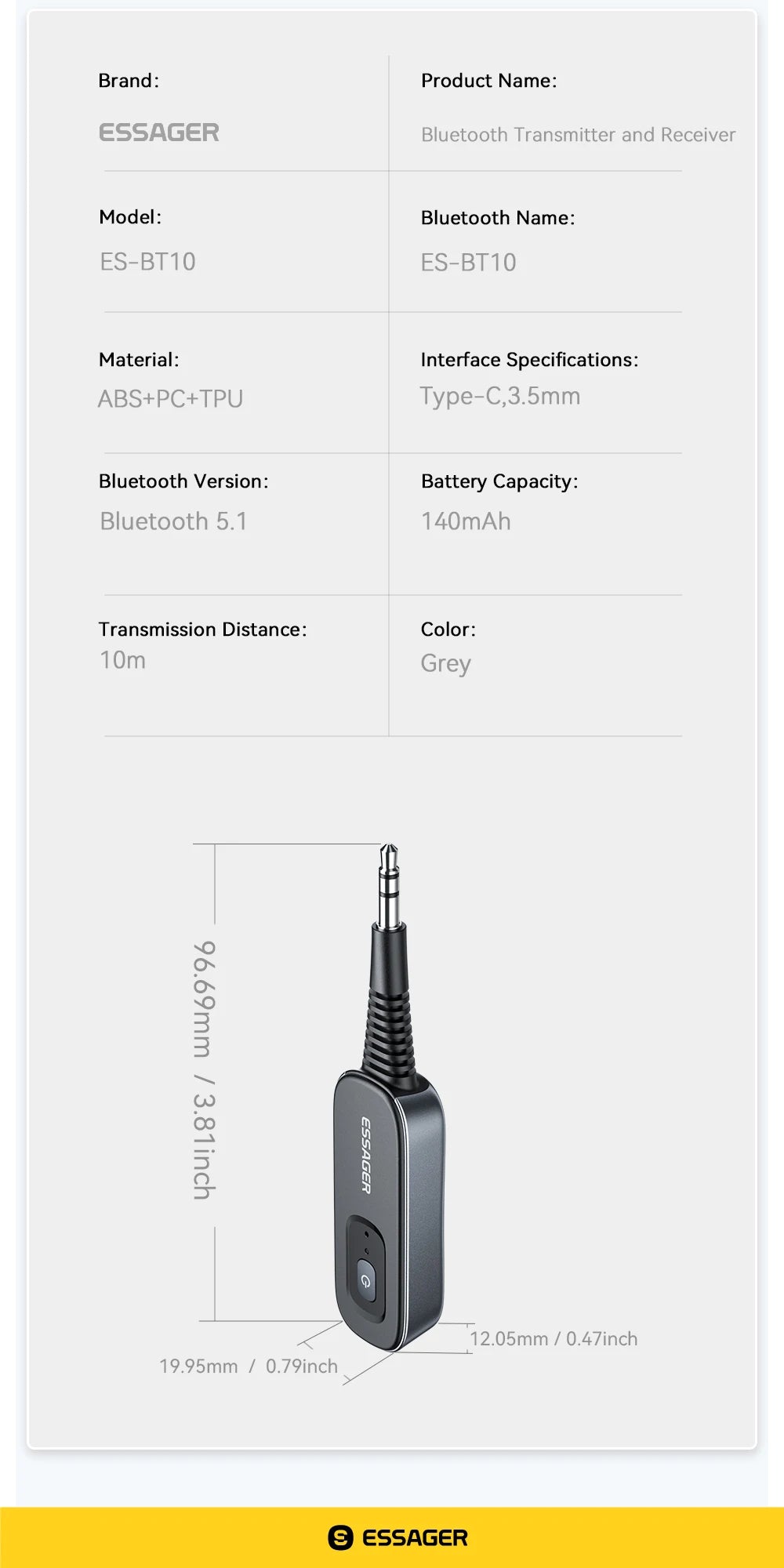 Essager 2-in-1 Bluetooth Audio Receiver Transmitter Wireless Bluetooth 5.1 3.5mm AUX Audio Adapter Stereo for Earphones TV Car