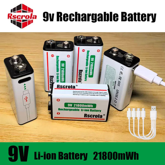 Type-C Rechargeable 9V Lithium ion  Battery 21800mWh High Capacity for Guitar Microphone Smoke Detector Pedal with Cable