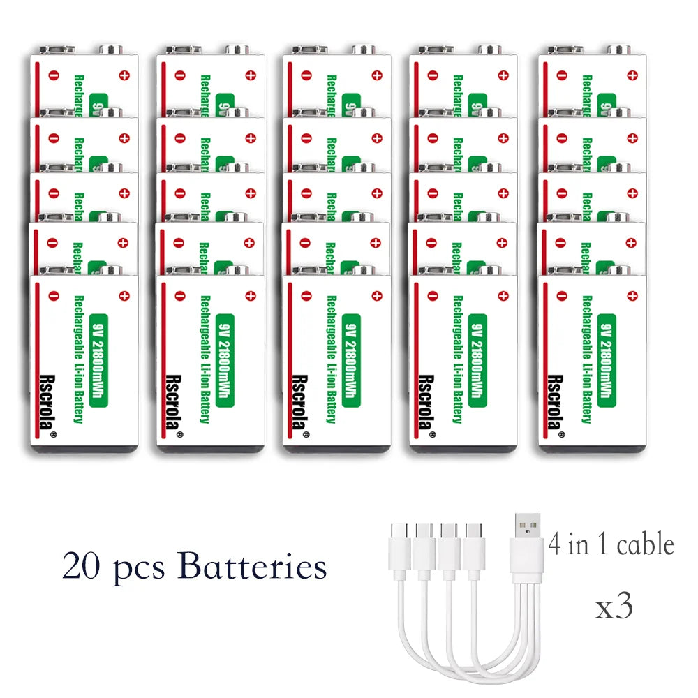 Type-C Rechargeable 9V Lithium ion  Battery 21800mWh High Capacity for Guitar Microphone Smoke Detector Pedal with Cable