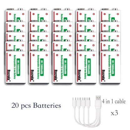 Type-C Rechargeable 9V Lithium ion  Battery 21800mWh High Capacity for Guitar Microphone Smoke Detector Pedal with Cable