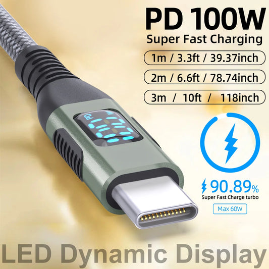 100W USB C to USB C Cable Type C PD 5A FastCharging for LED Display Nylon Braided charger Cord for iPhone16 15 MacBook iPad