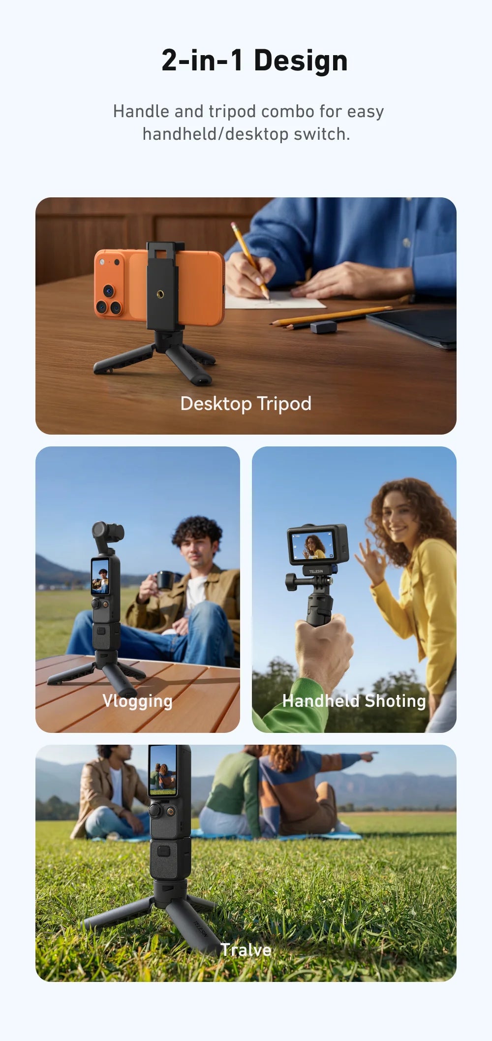 TELESIN Mini Quick Release Universal Tripod Hand grip for GoPro Insta360 DJI Osmo Action Camera With 1/4 Screw Adatper