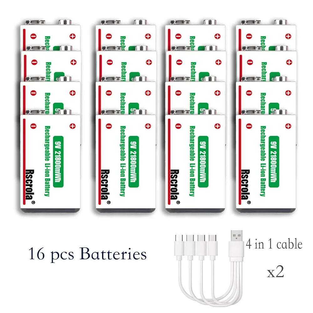 Type-C Rechargeable 9V Lithium ion  Battery 21800mWh High Capacity for Guitar Microphone Smoke Detector Pedal with Cable