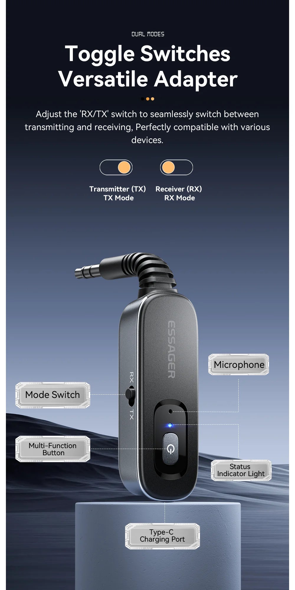 Essager 2-in-1 Bluetooth Audio Receiver Transmitter Wireless Bluetooth 5.1 3.5mm AUX Audio Adapter Stereo for Earphones TV Car