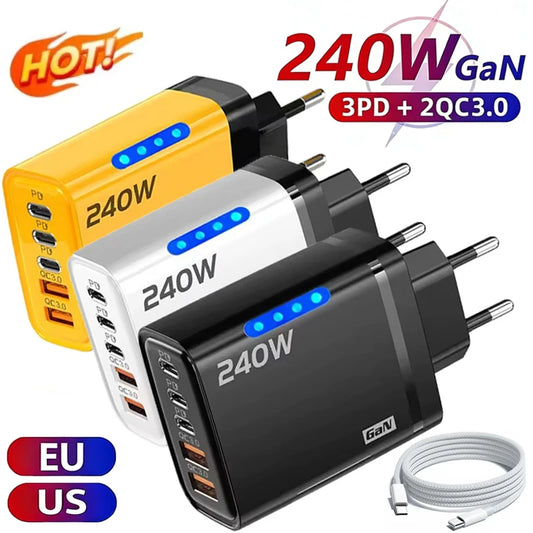 5 in 1 GaN USB C Desktop Charger 240W Fast Charge Phone Adapter braid Type C Cable For iPhone Samsung Xiaomi EU/US Plug Charger