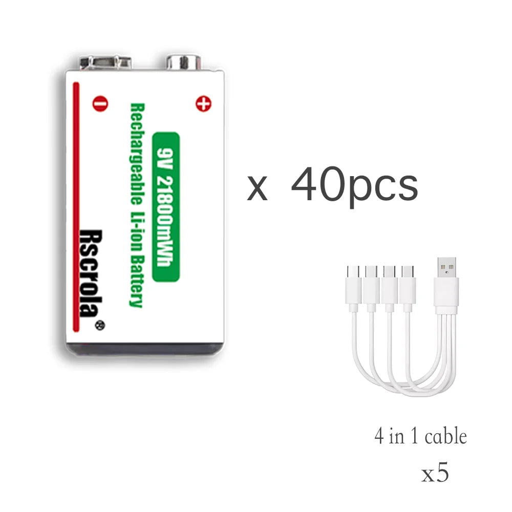 Type-C Rechargeable 9V Lithium ion  Battery 21800mWh High Capacity for Guitar Microphone Smoke Detector Pedal with Cable