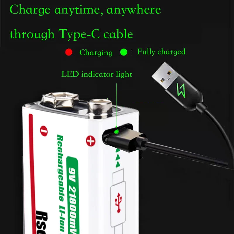 Type-C Rechargeable 9V Lithium ion  Battery 21800mWh High Capacity for Guitar Microphone Smoke Detector Pedal with Cable