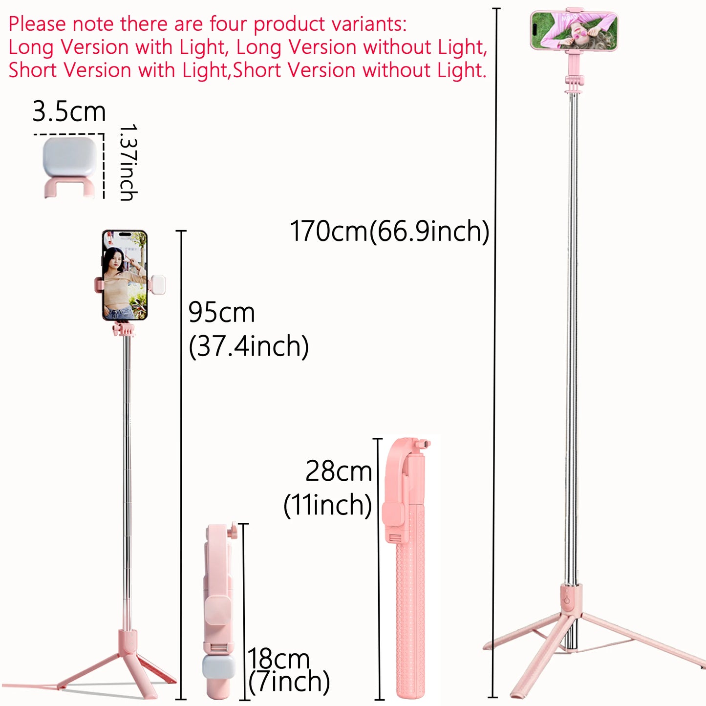 Extendable Aluminum Selfie Stick Tripod, Fill Light & Bluetooth-compatible Remote, Compatible with iPhone/android, for Travel