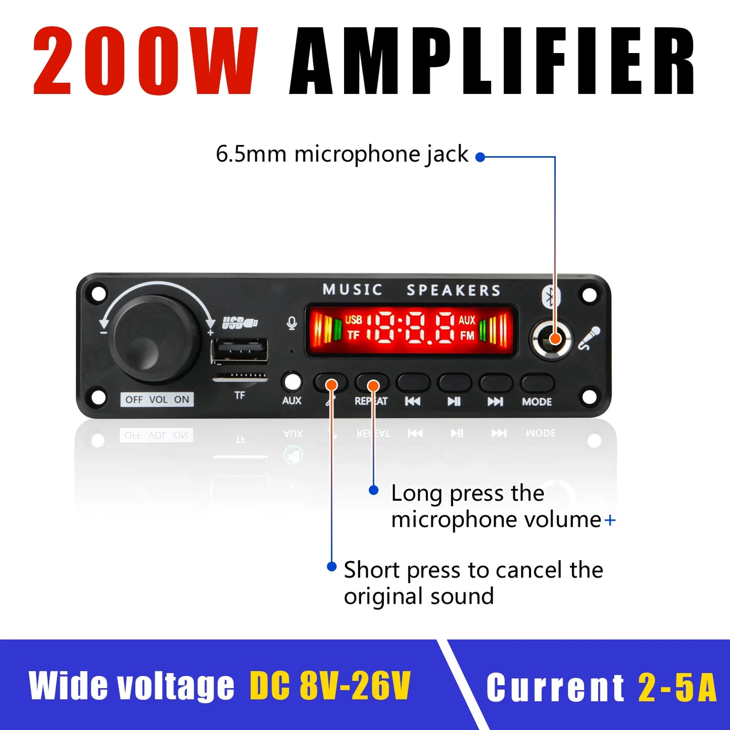 NEW 200W  Amplifier Bluetooth DIY MP3 WAV Decoder Board DC 12V 100W  Wireless Car USB MP3 Player TF Card Slot USB FM with Mic