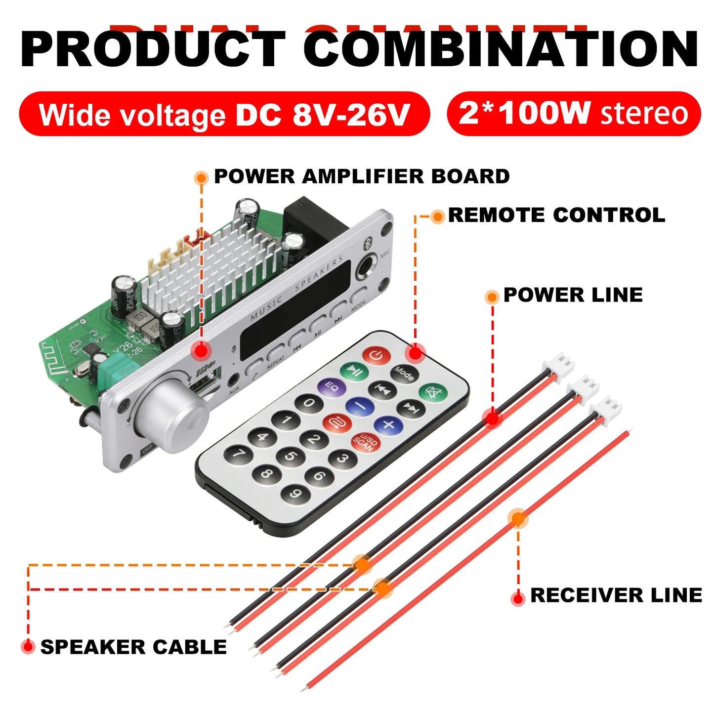 NEW 200W  Amplifier Bluetooth DIY MP3 WAV Decoder Board DC 12V 100W  Wireless Car USB MP3 Player TF Card Slot USB FM with Mic