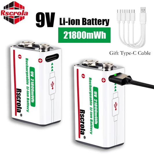 Type-C Rechargeable 9V Lithium ion  Battery 21800mWh High Capacity for Guitar Microphone Smoke Detector Pedal with Cable